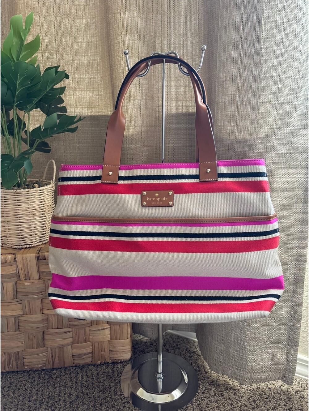 Kate Spade Oak Island Striped Canvas Magazine Tote Bag